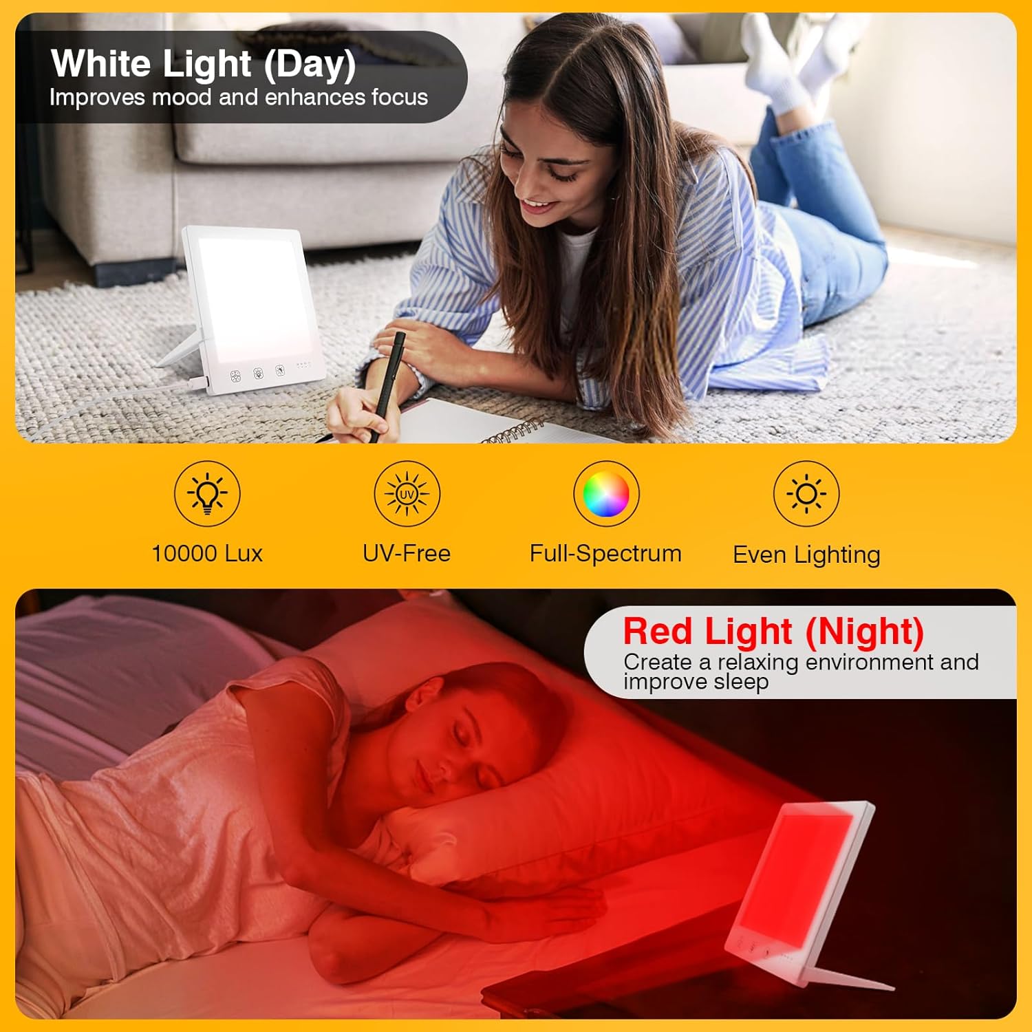 GQP Light Therapy Lamp with Red & White Light - 10000 Lux LED Sun Light Therapy Lamp for Face, Improving Mood, Energy, Sleep & Skin Care, with 4 Light Modes & 5 Brightness Levels, Timer, UV-Free
