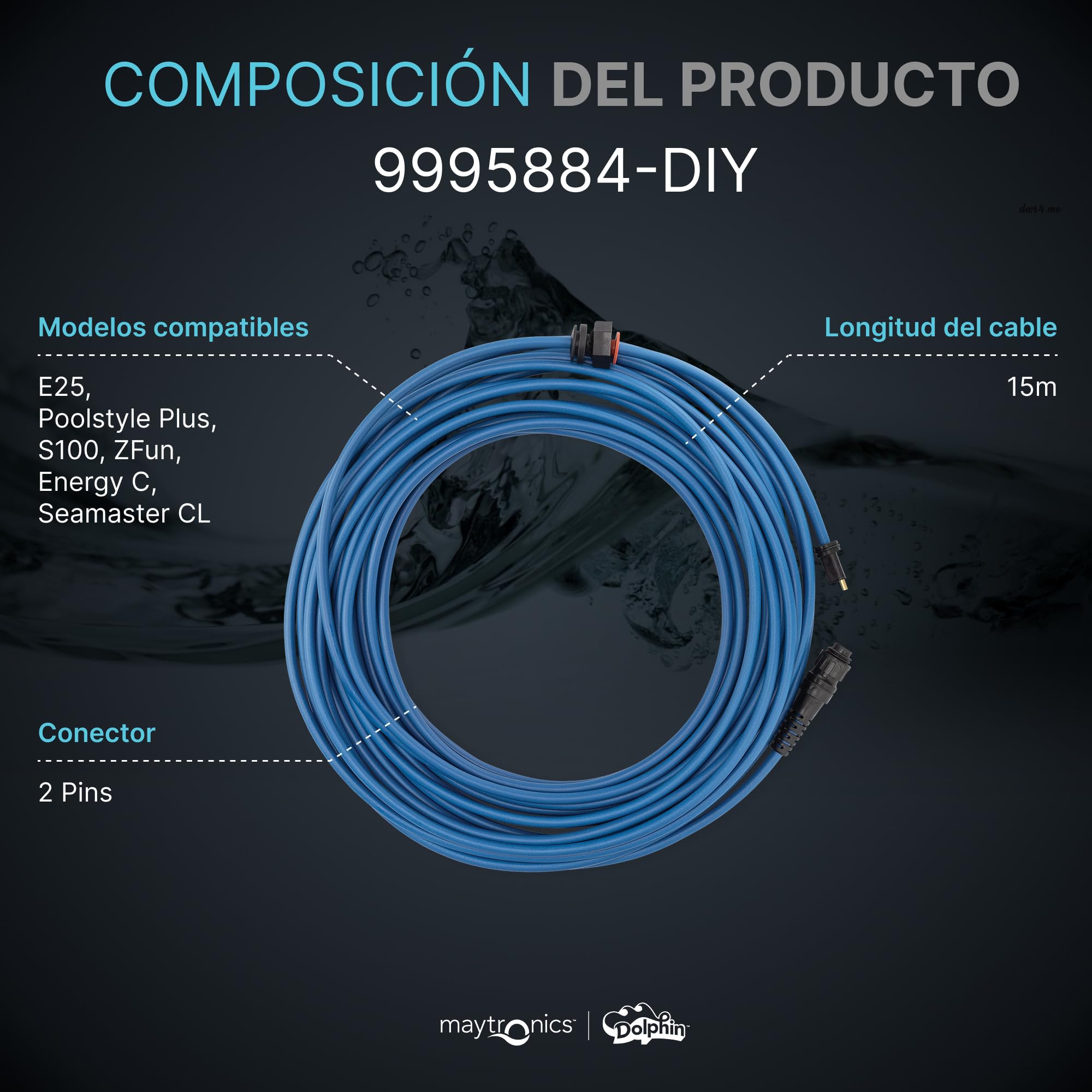 Dolphin Piezas de Recambio Originales - Cable Azul de 15m para Movimiento ágil - Ref. Maytronics: 9995884-DIY
