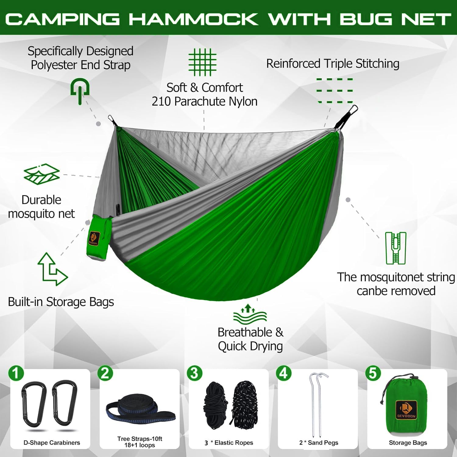 Camping Hammock, Portable Hammocks with Mosquito Net,Lightweight Nylon Parachute Hammock with 10ft Tree Straps,Camping Gear Must Haves for Travel Hiking Backpacking Beach Patio-Red&Grey