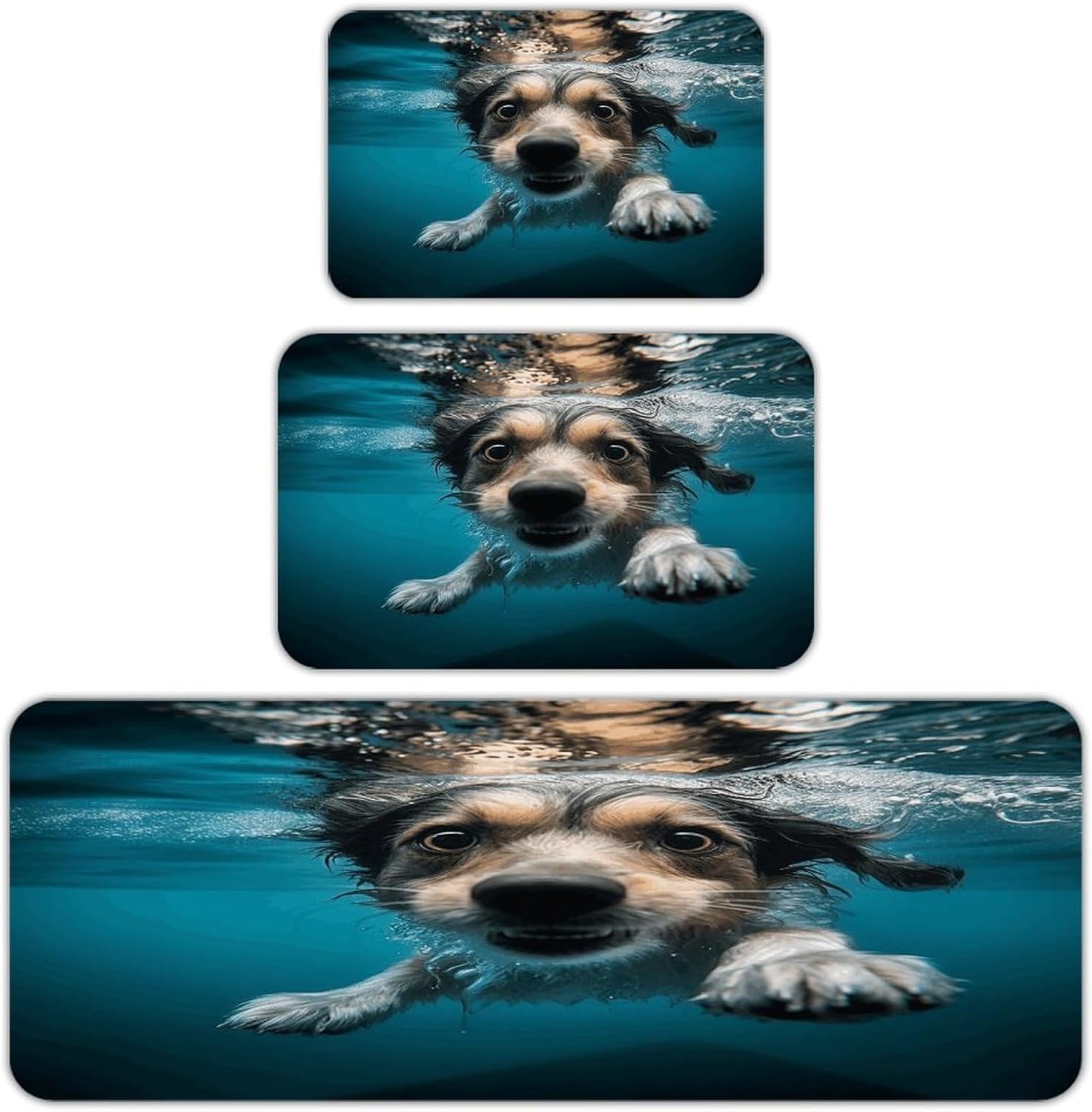 Underwater Dog Kitchen Rugs Sets of 3 Washable Non Slip Kitchen Rug Water Resistant Carpet Piece Anti Fatigue Kitchen Mats Soft Comfort Standing Mat Modern Area Rug