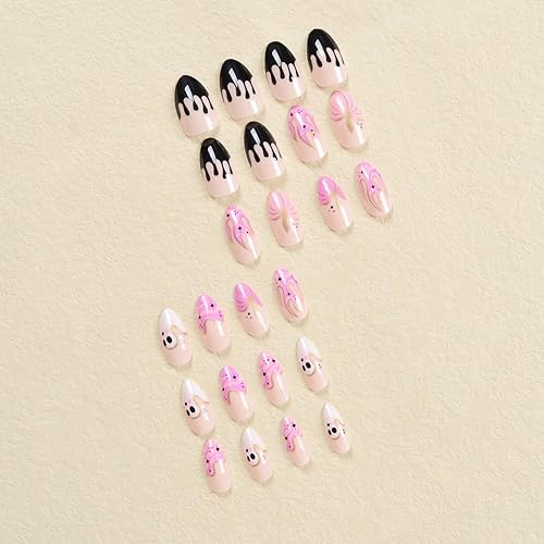 Miniatura 24 de Uñas postizas a presión de Halloween, cuadradas, medianas, francesas, color negro, degradado, cobertura completa, calavera, corazón rosa, con Uñas
