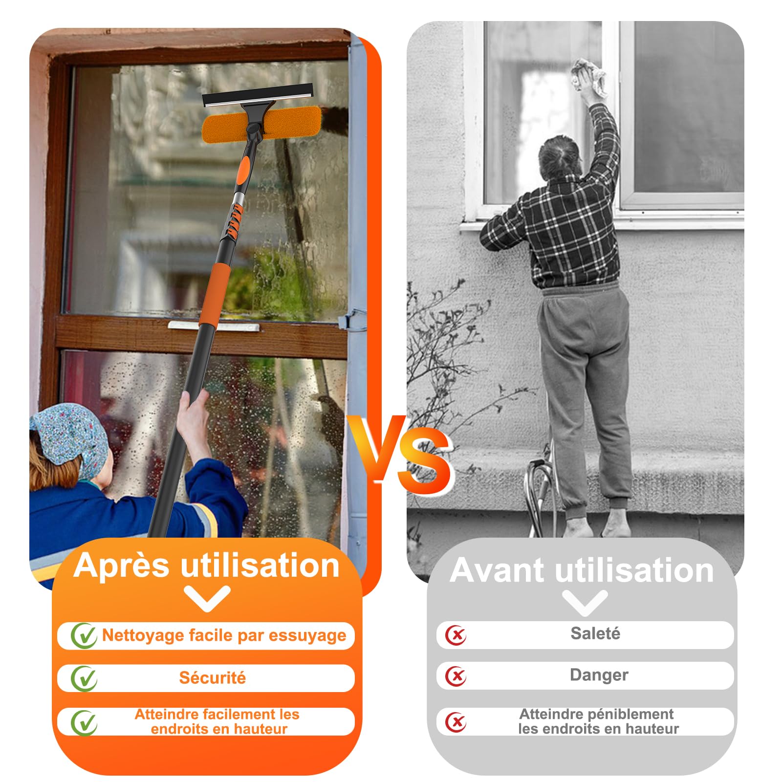 LAANPOLE Plumeau Poussiere avec 6m Perche Telescopique, Tete de Loup de Ventilateur de Plafond, 2-en-1 Raclette Vitre Professionnel