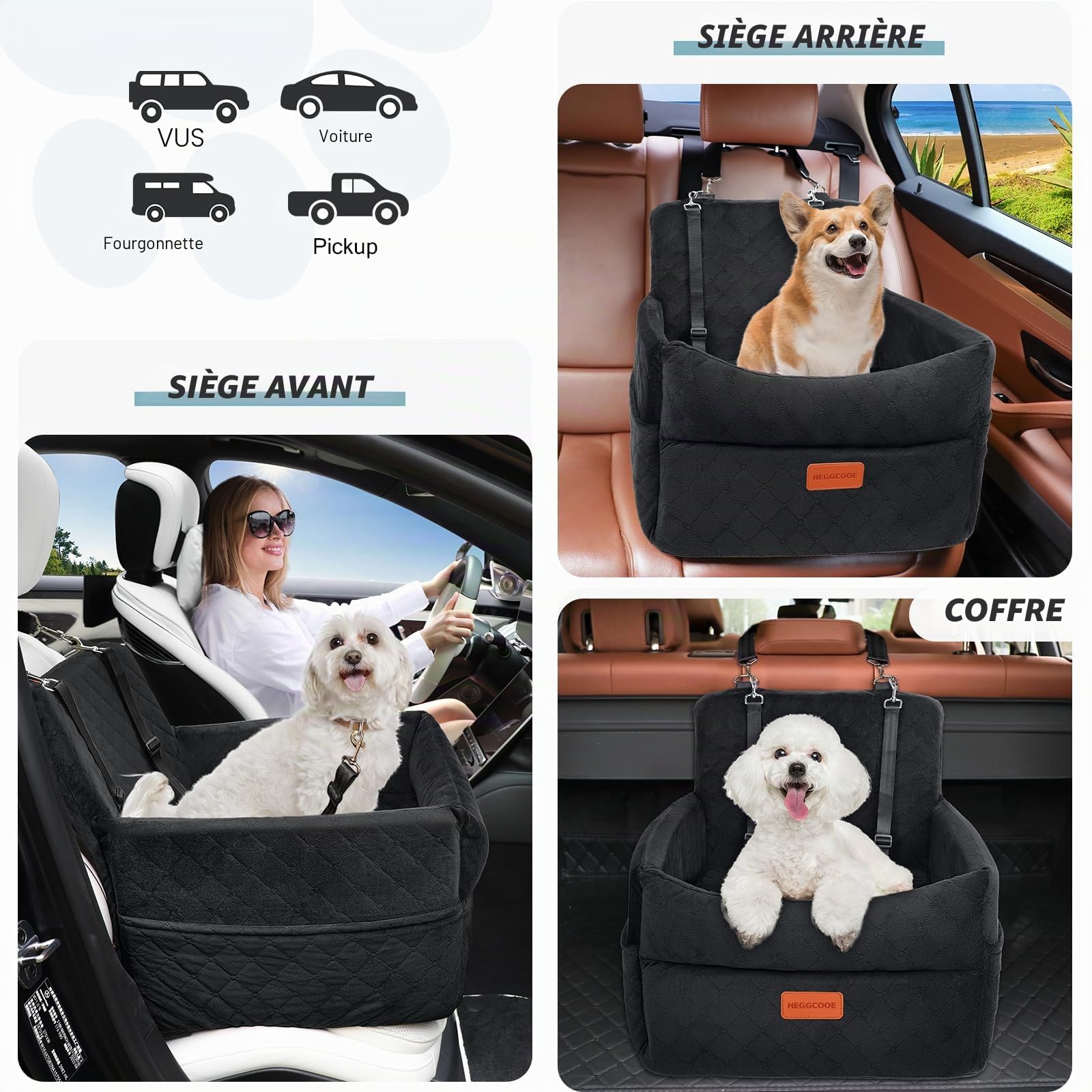 HEGGCOOE Siège auto pour petit chien en mousse à mémoire de forme avec coussin épais pour chiens de moins de 16 kg, amovible, lavable