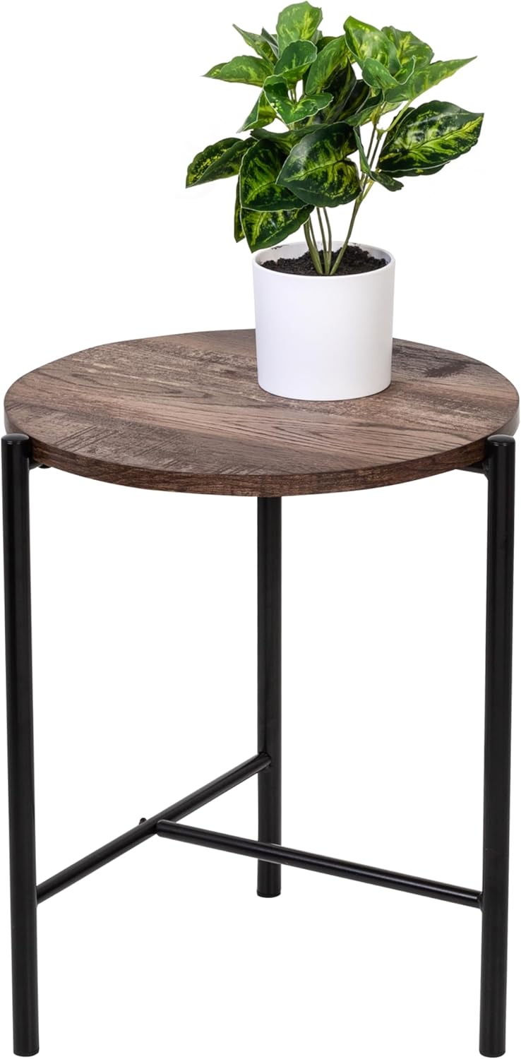 Honey-Can-Do Round Side Table, Accent End Table with Steel Frame, Walnut