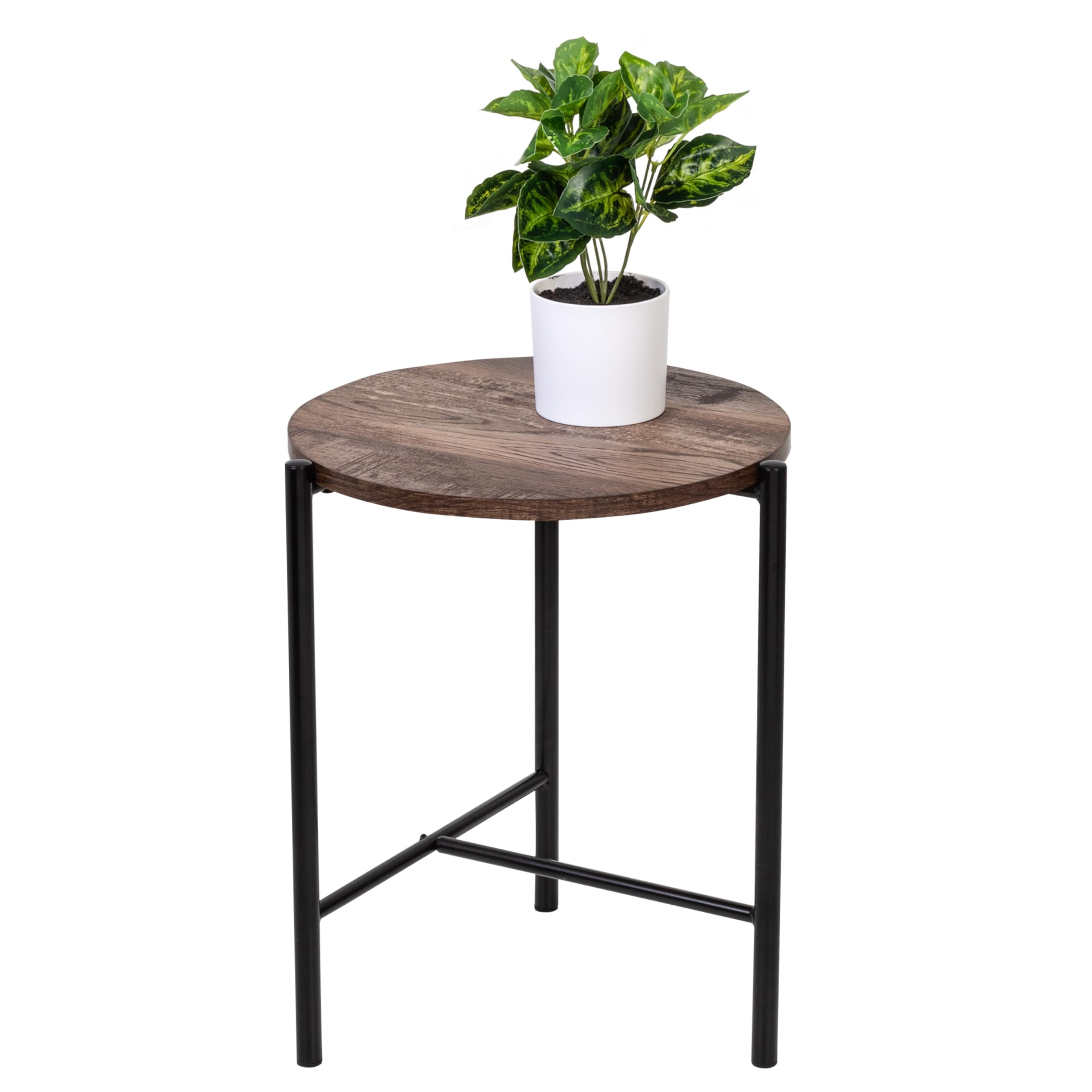 Honey-Can-Do Round Side Table, Accent End Table with Steel Frame, Walnut