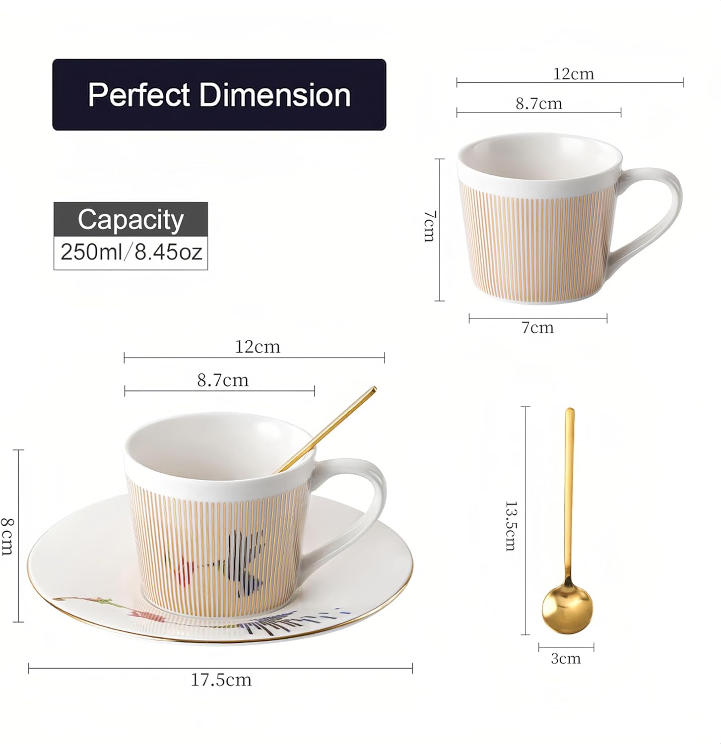 Old Craftsmen's Coffee Cup and Saucer Sets 8.45oz Unique Dynamic Mirage Reflection Tea Cup Luxury Porcelain Mirror Ceramic Mug Gifts for Cappuccino Espresso 250ml Hummingbird