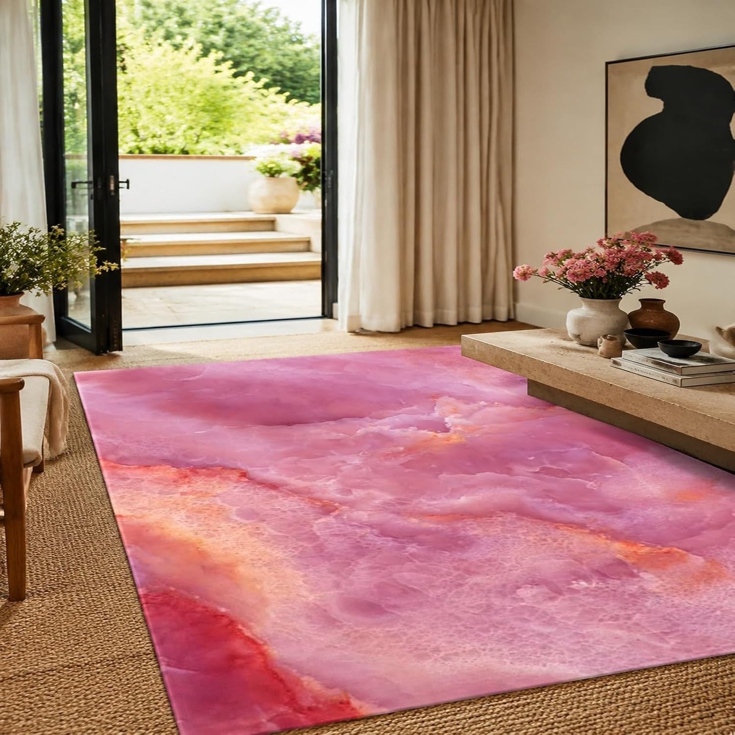 Tapis Salon Grand Format Abstrait Rose, Rose, 170x180 cm (Rectangulaire)
