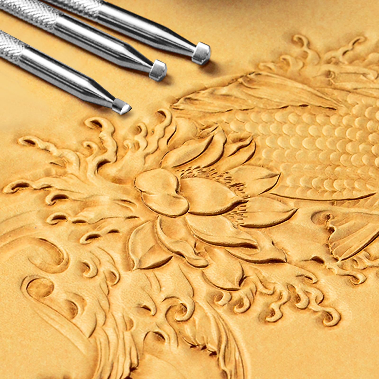 Professional Figure Carving Stamps Set of 3-304 Steel Leathercraft Stamping Tool & Diamond Knurled Handle (7.4mm/5.5mm/2.8mm) for Portrait, Animal, Floral Leather Sculpting