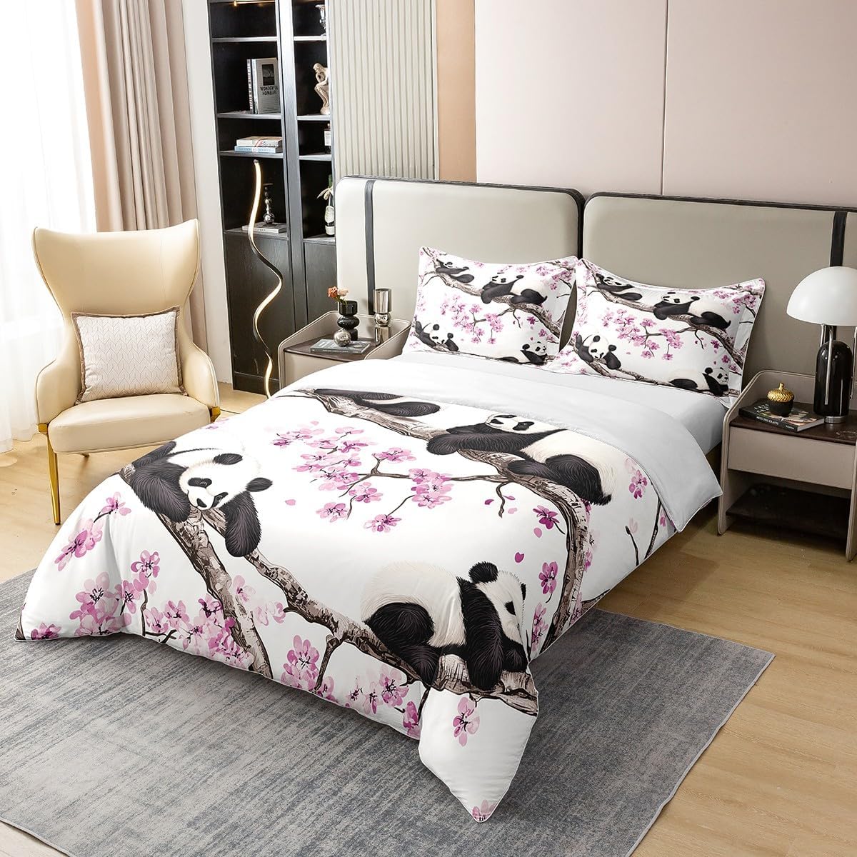 Erosebridal Lovely Panda 100% Cotton Comforter Cover Twin,Cherry Blossom Floral Bedding Set for Kids Boys Girls Teens Adult,Giant White Black Bear Quilt Cover,Cute Wild Safari Animal Bedspread Cover