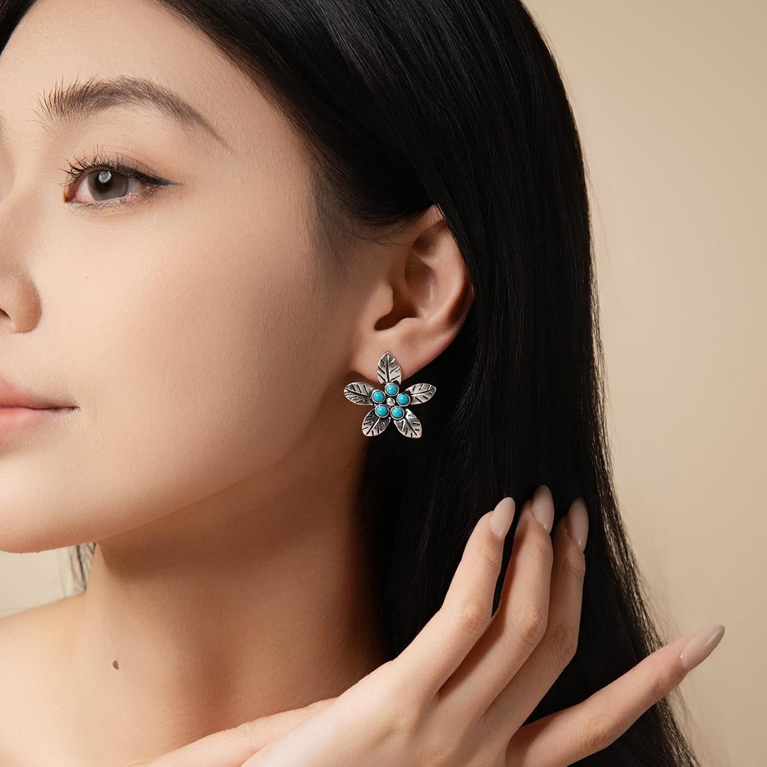 Silver Flower Turquoise Stud Earrings – Flower Earrings with Genuine Turquoise Stone, Boho Western Inspired Floral Jewelry for Women and Gift - Image 2