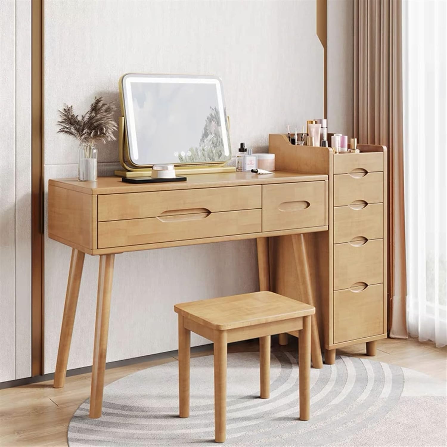 Vanity Dressing Table Set Luxury Makeup Bench with 3 Colors Led Hd Mirror,Comfortable Stool Drawers Cabinet,Modern Simple Style,for Girl's Gift (Size : C) ()