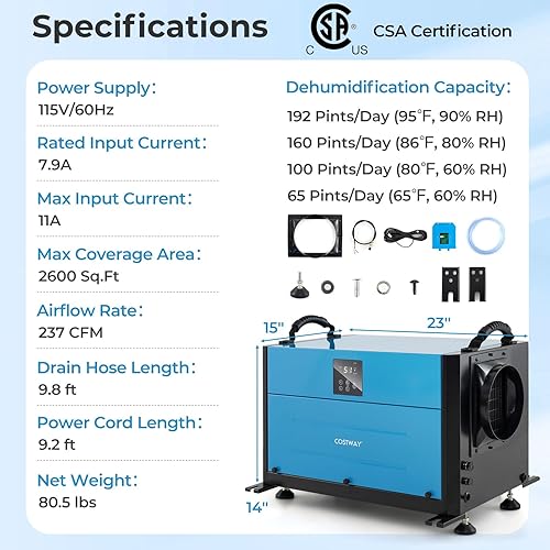 Miniatura 8 de COSTWAY Deshumidificador comercial de 192 PPD, deshumidificador de espacio de rastreo de 2600 pies cuadrados con manguera de drenaje de 9.8 pies y