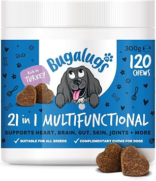 BUGALUGS 21 in 1 Multifunctional Dog Treats   Helps Gut, Teeth, Bladder, Joints, Calming, Relax & Itchy Skin - Perfect for Small, Medium & Large Dogs -120 chews