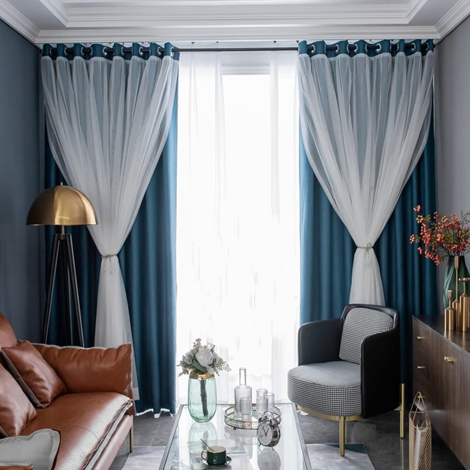 Cortinas opacas dobles que aíslan la luz y decoran el dormitorio con tul blanco, 200x200