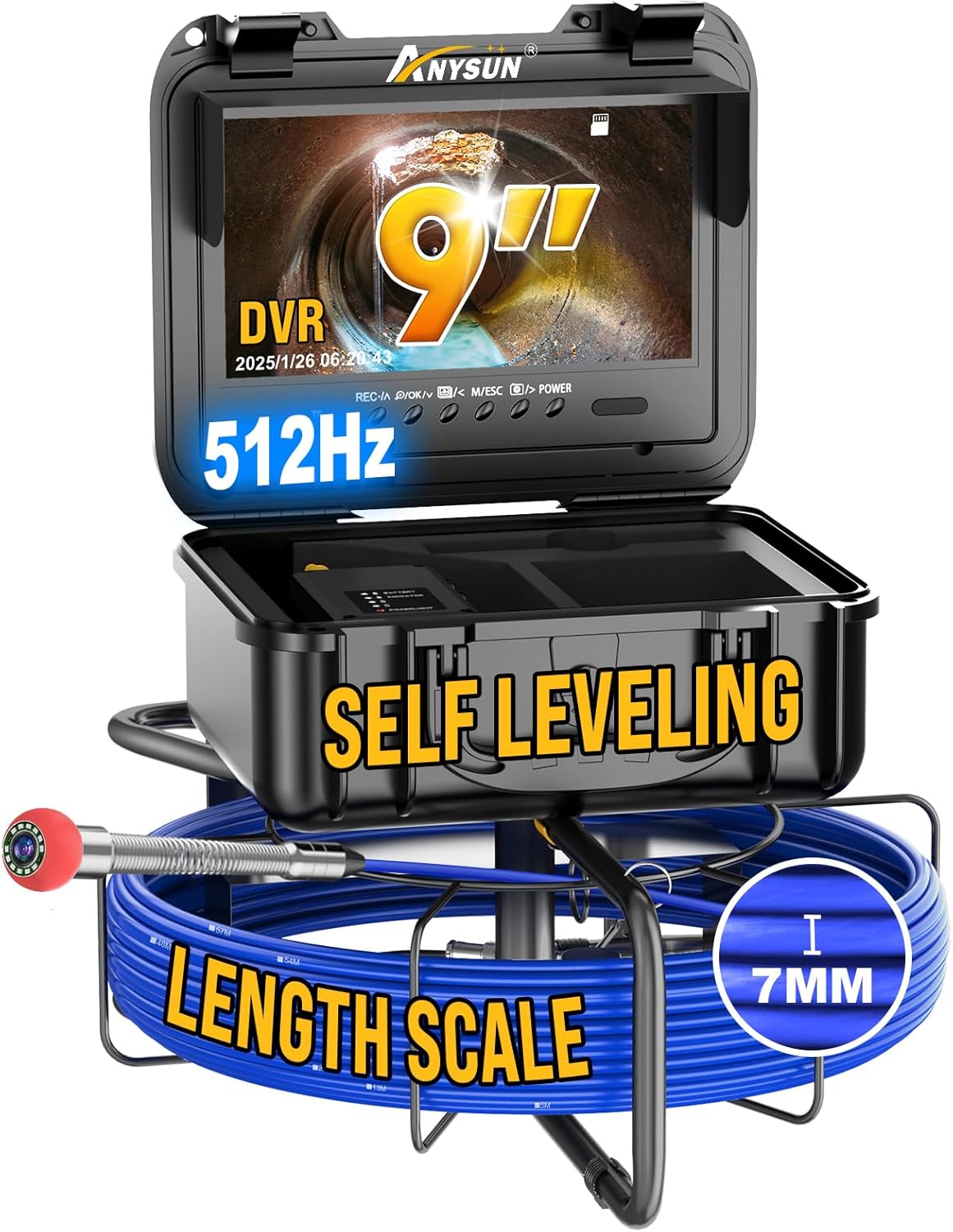 Anysun Sewer Camera Self Leveling with 512Hz Sonde, 7MM Thick Pushrod, Length Mark, 32GB Card, 9'' HD Monitor with DVR, 100Ft Sewer Scope Pipe Drain Inspection Camera IP68 Borescope w/Adjustable LEDs