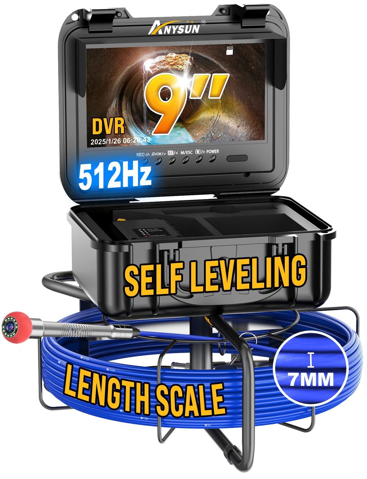 Anysun Sewer Camera Self Leveling with 512Hz Sonde, 7MM Thick Pushrod, Length Mark, 32GB Card, 9'' HD Monitor with DVR, 200Ft Sewer Scope Pipe Drain