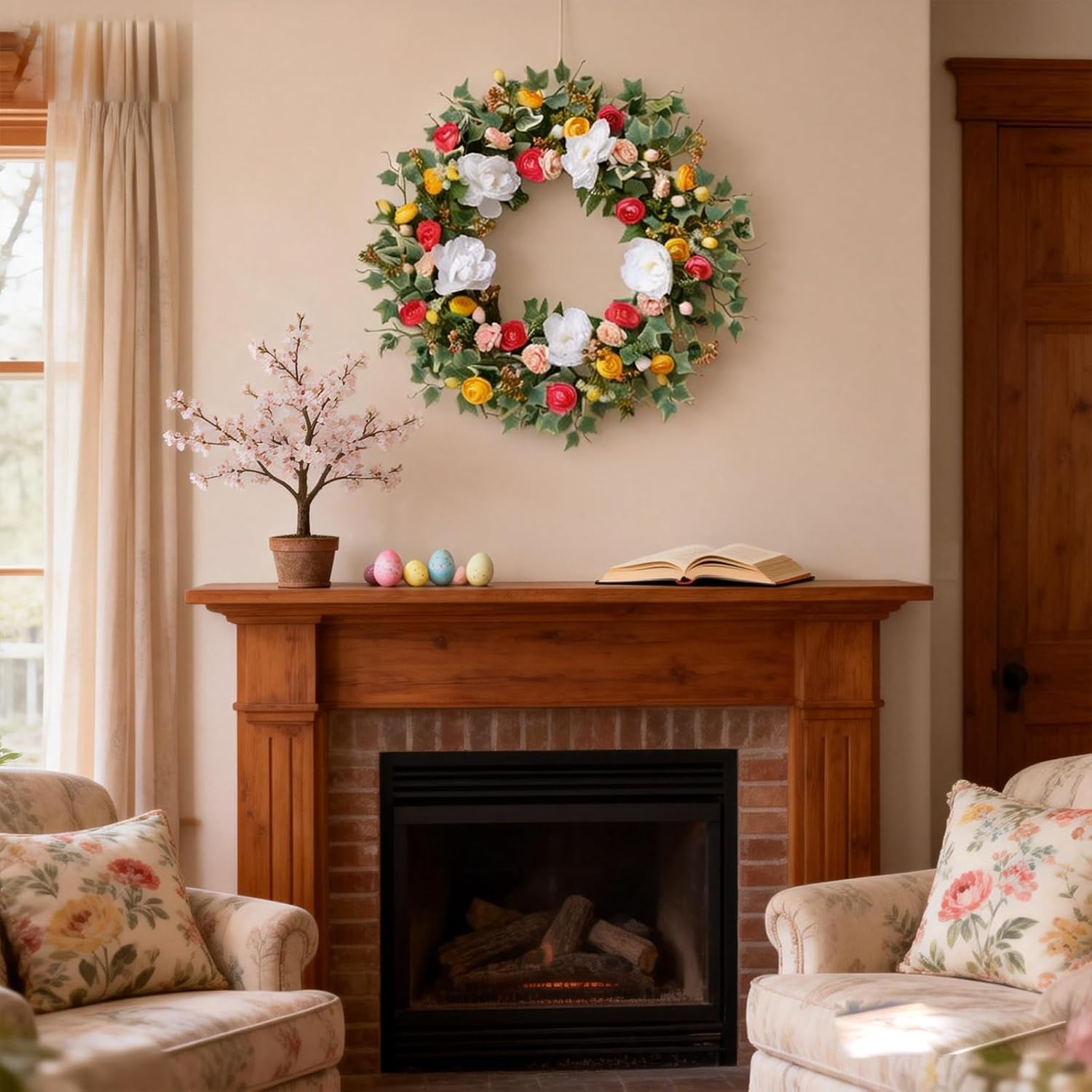 24 Inch Summer Wreath for Front Door, Artificial Peony & Rose Wreath with Mixed Color Flowers Green Leaves, Summer Floral Wreaths for Outdoor Indoor Wall Window Wedding Party Decor