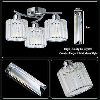 Rayofly Ceiling Lights Living Room, 3-Lights Modern Crystal Chandeliers Ceiling Light, Crystal Chandelier with Glass Shade, Hallway Ceiling Light Fitting, Flush Ceiling Lamp for Hall, Bathroom, Chrome [Energy Class D]
