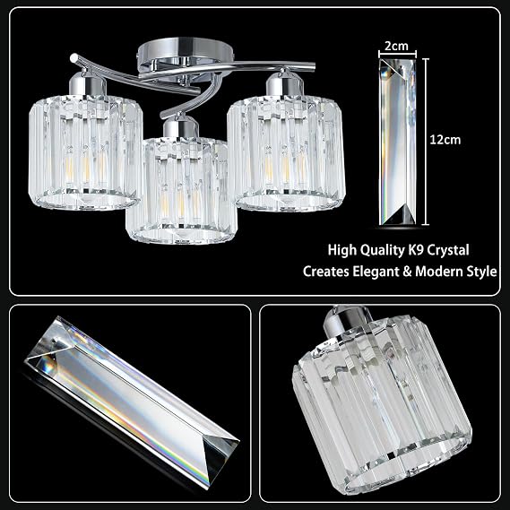 Rayofly Ceiling Lights Living Room, 3-Lights Modern Crystal Chandeliers Ceiling Light, Crystal Chandelier with Glass Shade, Hallway Ceiling Light Fitting, Flush Ceiling Lamp for Hall, Bathroom, Chrome [Energy Class D]