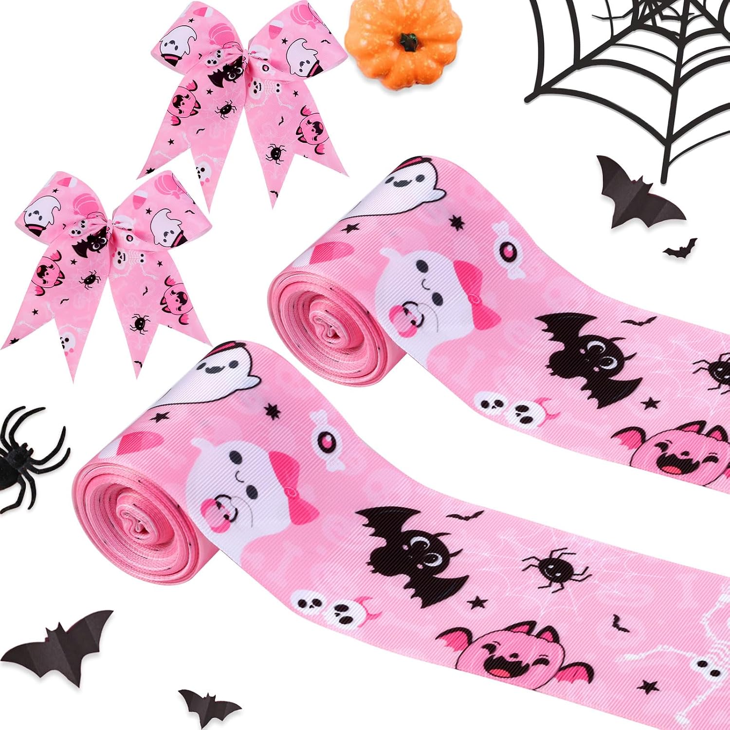 2 Rolls 10 Yards Pink Black Halloween Grosgrain Ribbons - 2.95 Inch Ghost Spider Pumpkin Bat Printed Ribbon, Halloween Themed Fabric Ribbon for Diaper Cake Decorations Wrapping Gifts