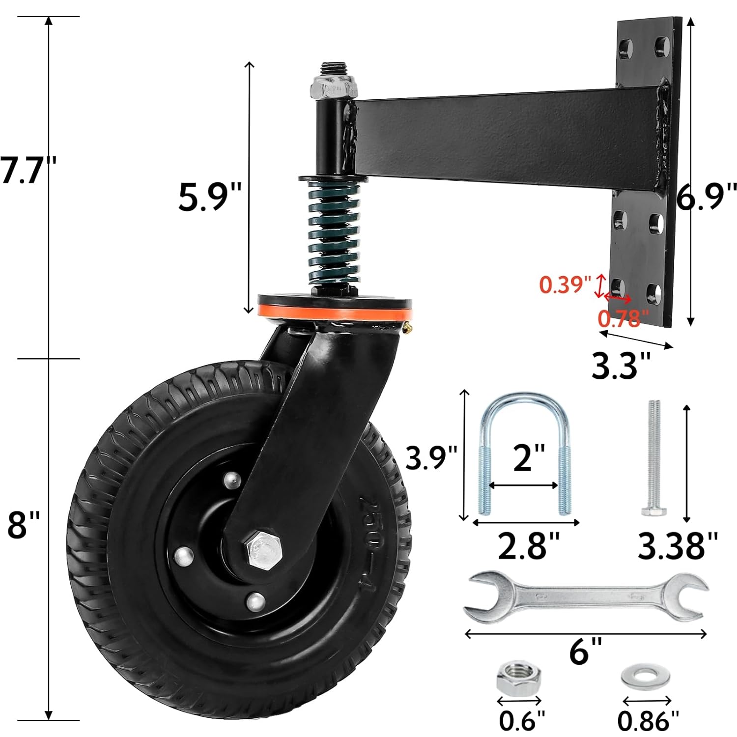 Goaste 8 Inch Heavy Duty Gate Wheel, 600 Lbs Metal Gate Caster with Suspension, Spring Loaded Fence Caster Support, 360 Degree Sliding Wheels with Screws & Wrenches for Metal Tube Gate, Wooden Gate