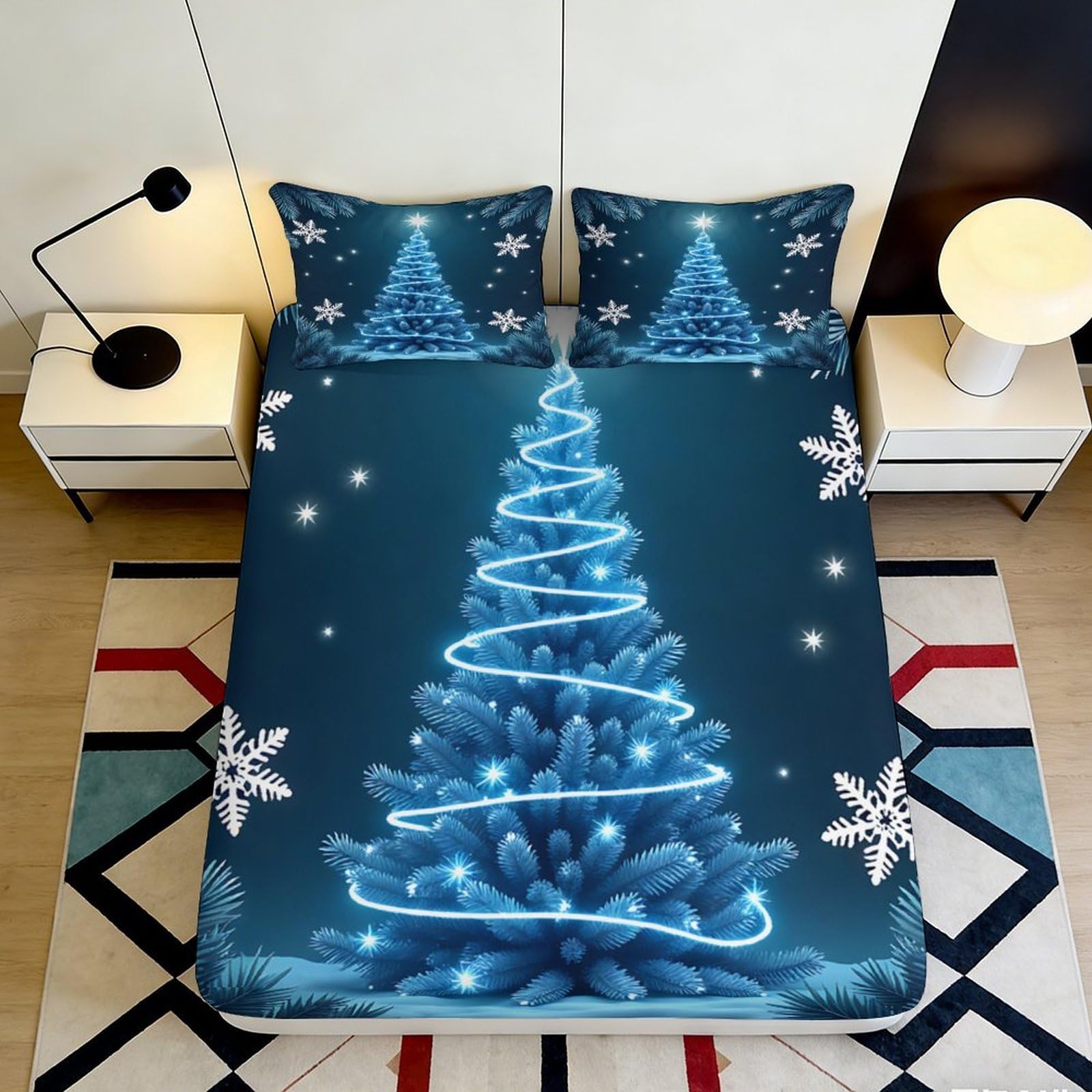 3D Printed Christmas Tree Fitted Sheet Microfiber Soft Blue Snowflake Bed Cover for Bedroom Dorm Mattress Protection 200x200x25cm