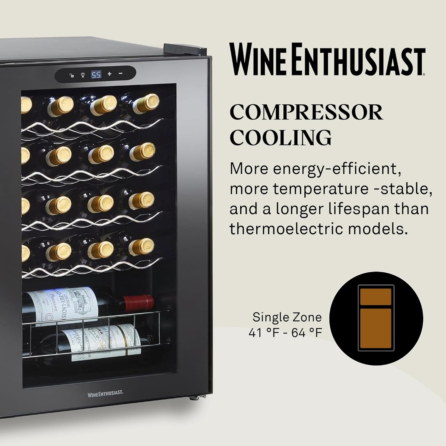Wine Enthusiast 20-Bottle Compressor Wine Cooler - Freestanding 1.8 Cu. Ft. Wine Refrigerator for Home & Kitchen, Energy-Efficient Cooling of 41-64°F, Adjustable LED Touchscreen & Temperature Display