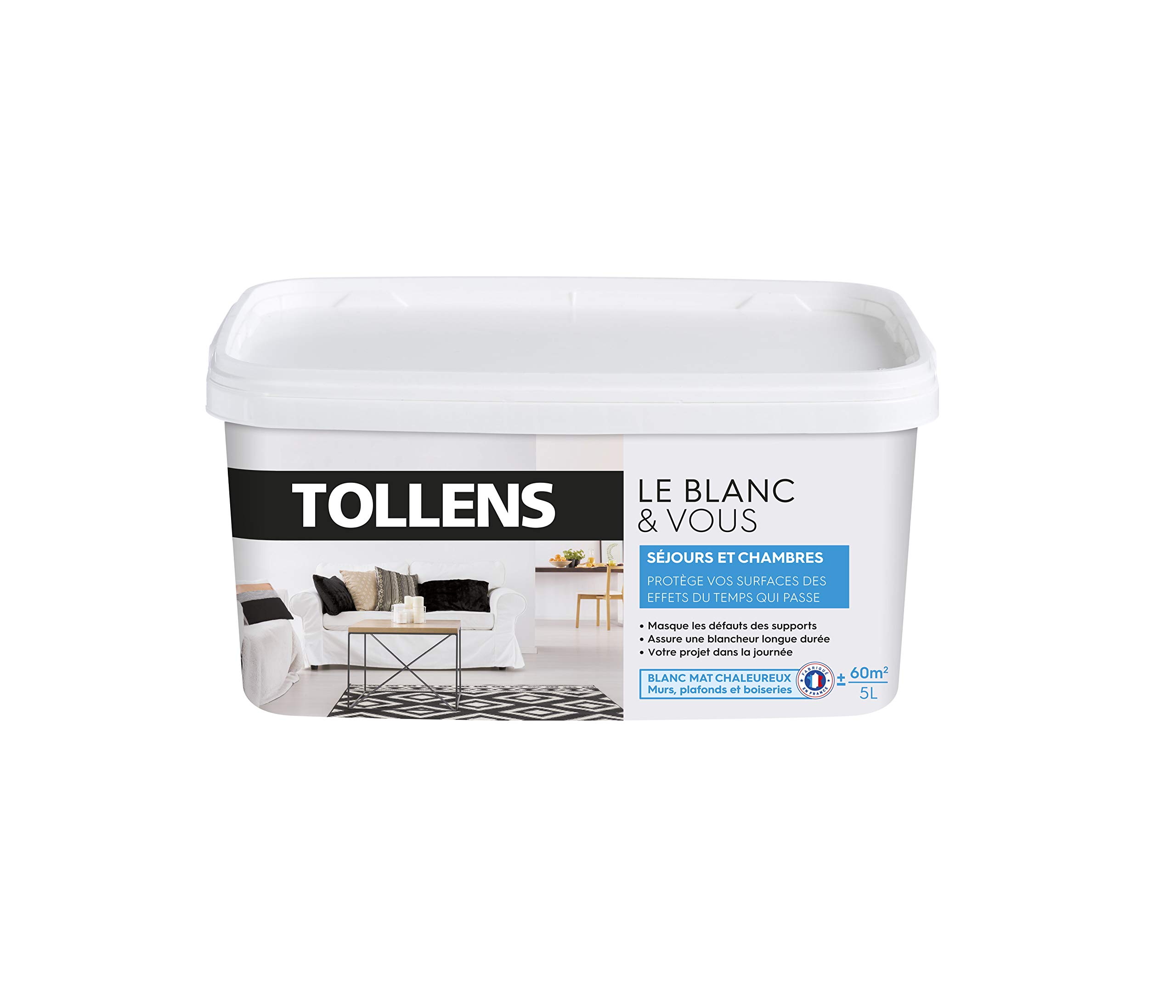 Tollens - Peinture Blanche Mat - Spécial Sejours et Chambres -Pour Murs, Plafonds, Boiseries - 5L = 60m2