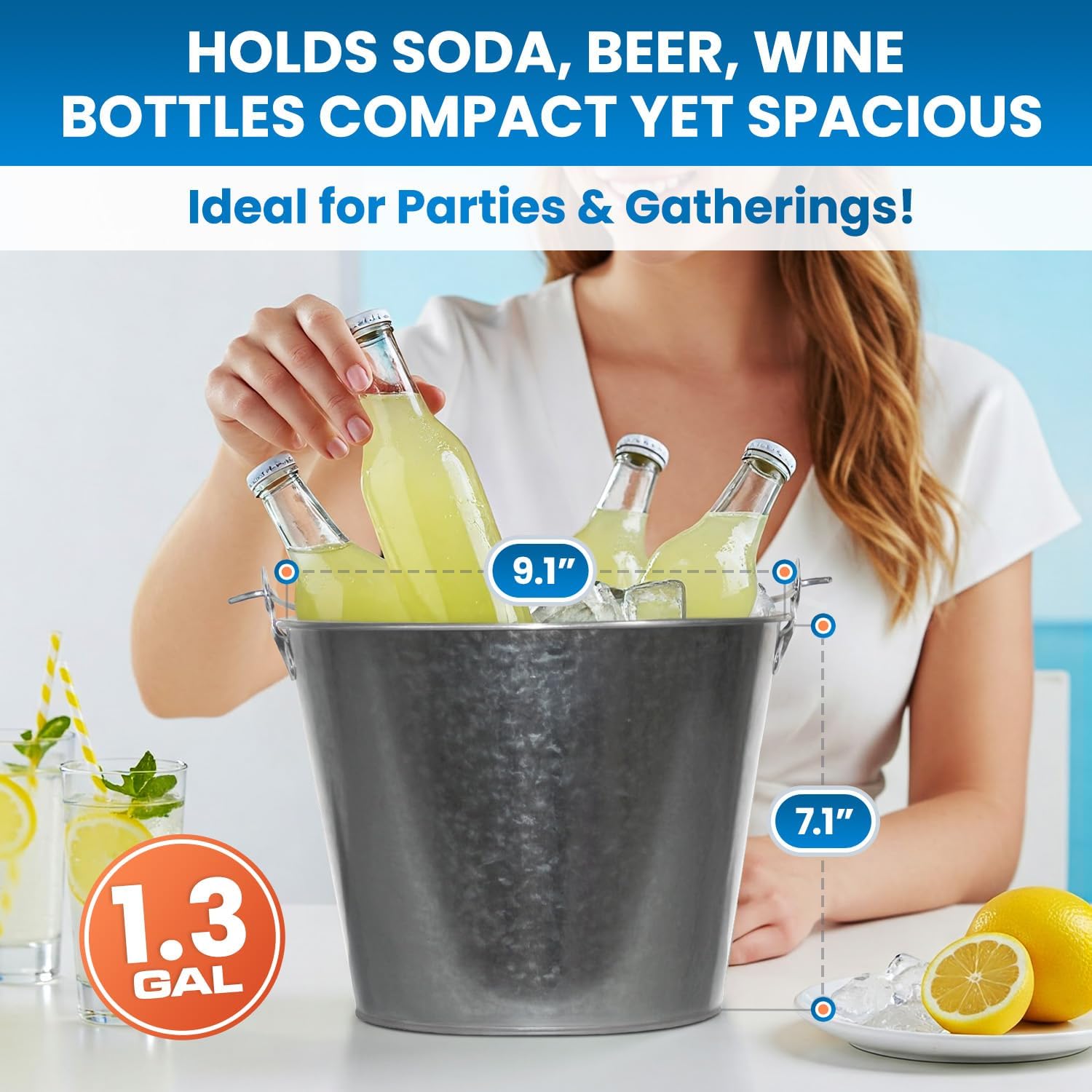 PLEXON Metal Ice Bucket for Parties Coctail Bar Restaurant - Drink Beer Champagne Metal Pail Bucket with Handle, Beverage Chiller for Valentines Day, Galvanized Steel, 1.3 Gallon, Set of 6