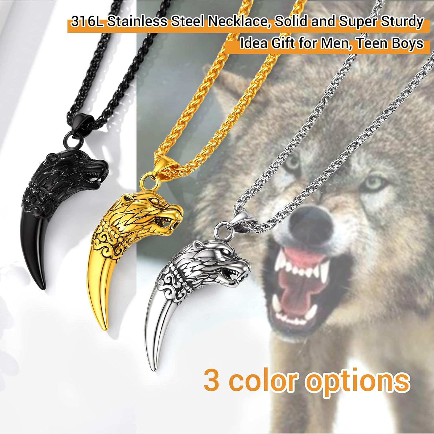 PROSTEEL Vintage Wolf Pendant Necklace for Men, Black/Gold Plated 316L Stainless Steel Masculine Viking Necklace, 22-24 Inch Adjustable, Come with Box