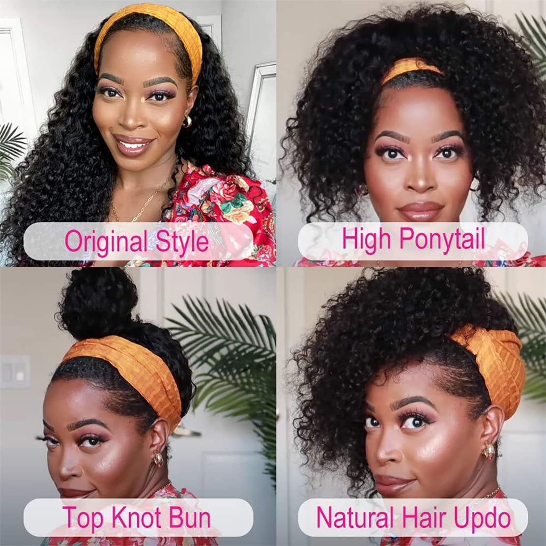 Curly Headband Wig Human Hair 18 inch Machine Made Wigs Glueless Deep Wave Headband Wigs for Black Women Human Hair 150% Density Natural Color