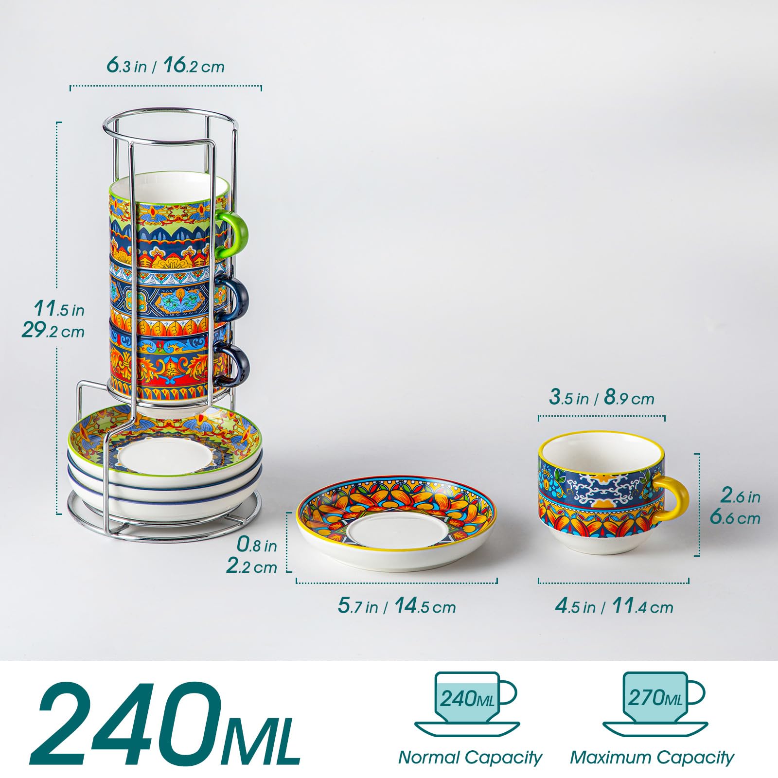 vancasso Tazas de Café Set de 4, 270 ml Tazas con Platillos y Soporte Metálico, Apilables de Cerámica Gruesa, Apto para Lavavajillas – Colección KRVI, Perfecto para Latte, Capuchino y Té