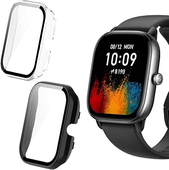 Lamshaw Compatible with Amazfit GTS 4 Mini Case, Hard PC Bumper Protective Case with Tempered Glass Screen Protector Compatible with GTS 4 Mini Smart Watch 2 pack-Black+Clear