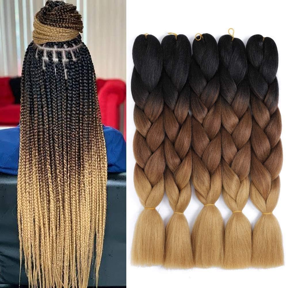 WIGENIUS Jumbo Braids Hair Extensions Black/Dark Brown/Light Brown Color 5 PCS/Lot 24 Inches 100g/pc Kanekalon Box Twist Braiding(5pcs,Black/Dark Brown/Light Brown)