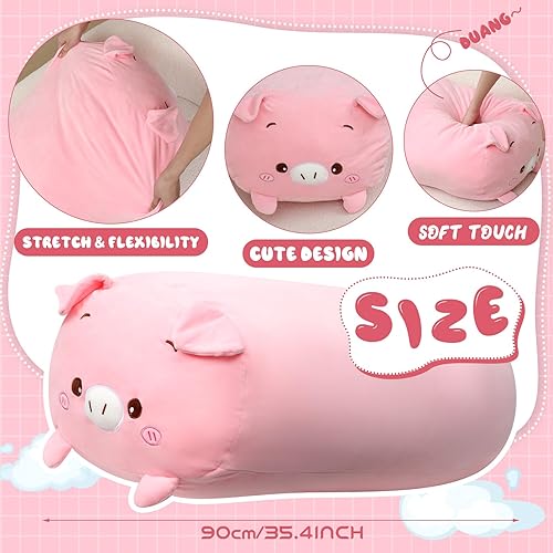 Miniatura 2 de Woanger Almohada de peluche de cerdo de 35.4 pulgadas, linda almohada de peluche de cerdo suave rosa, cuerpo cilíndrico, cerdo gigante, animal de
