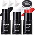 MEICOLY Black White Red Face Body Paint Stick with Setting Powder and Sponges,Clown White Devil Joker Face Paint Makeup,Waterbased Body Paint,Halloween Face Painting for Vampire Skeleton Spiderman