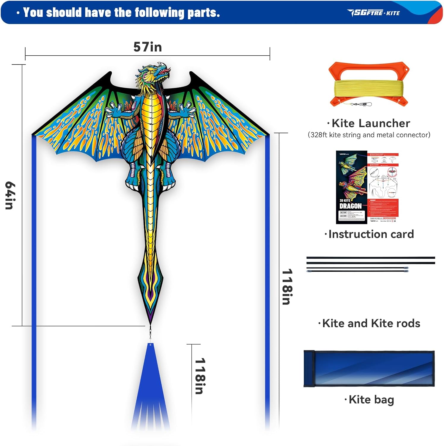SGftre Complete Kite with Handle, Line & Accessories,Easy to Fly for Kids & Adults, Perfect for Beach, Park, Family Outdoor Activities