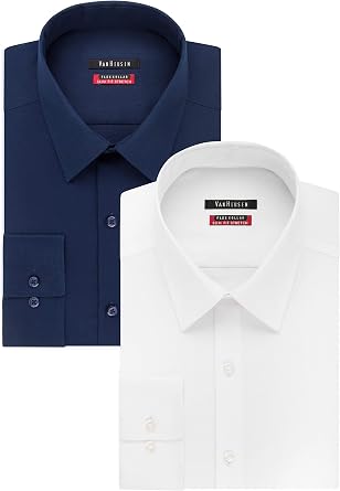 Van Heusen Mens Flex Collar Slim Fit Stretch Dress Shirt, White/Night Blue, 17.5" Neck 32"-33" Slee