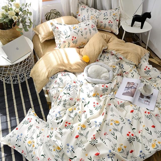 Loussiesd Floral Printed Duvet Cover For Kids Girls Women Yellow Flowers Bedding Set Geometry Pattern Comforter Cover Nature Botanical Theme Quilt Cover Double Size Room Decor With 2 Pillow Case