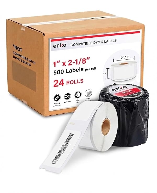 enKo 30336 Direct Thermal Address, Shipping and Barcode Labels (1 x 2-1/8 inches) - 24 Rolls | 12,000 Labels Compatible with Dymo LabelWriter 450 Turbo and 4XL Printers by enKo - Used condition - US$21.49