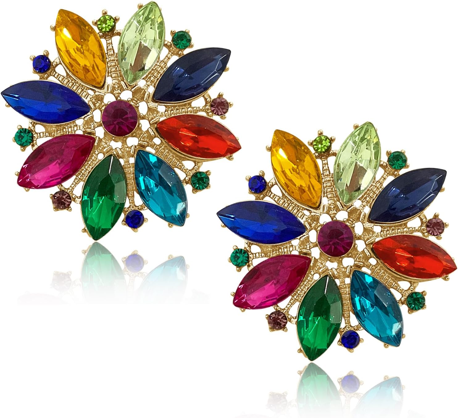 Trendy Colorful Big Round Statement Rhinestone Cluster Leaf Stud Earrings Ethnic Sparkly Vintage Art Deco Iridescent Lotus Snowflower Alloy Stud Earrings for Women Jewelry Gifts