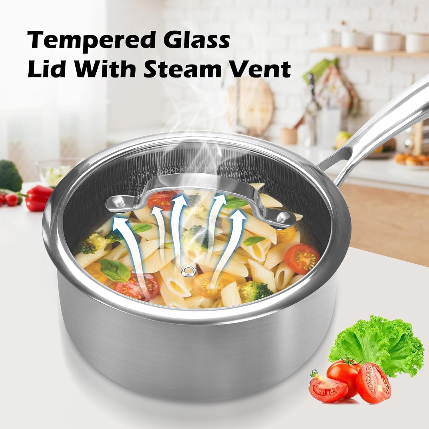2.5QT Stainless Steel Saucepan With Lid, Honeycomb Non-stick Cooking Pot, Eco-Friendly PFOA-Free Coating, Compatible with All Cooktops, Perfect for Milk, Soup, Oatmeal & Baby Food, Dishwasher Safe