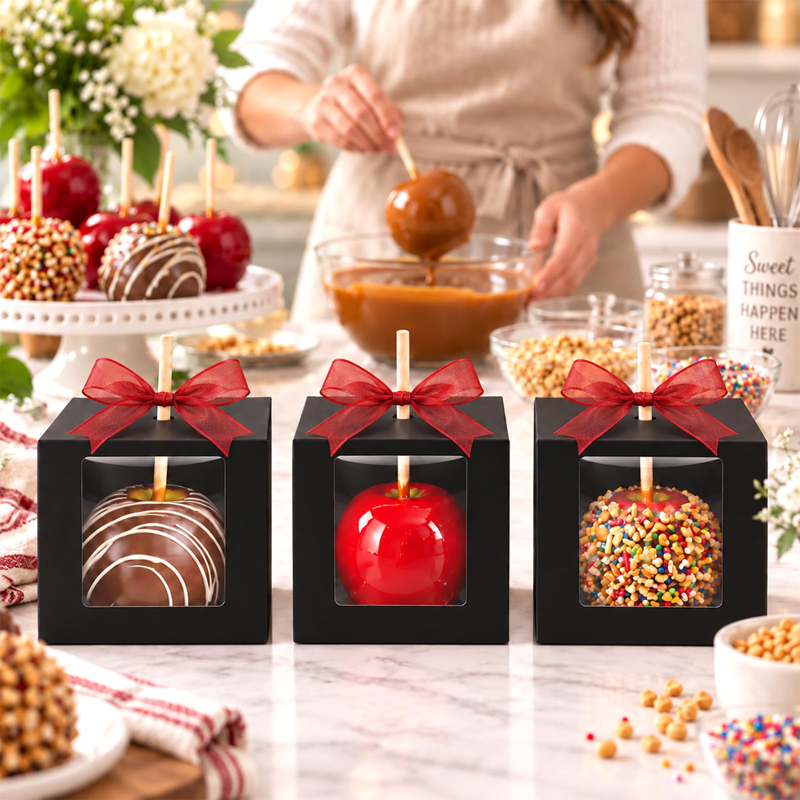 Paquete de 100 cajas de manzana de caramelo, 4 x 4 x 4 pulgadas, cajas