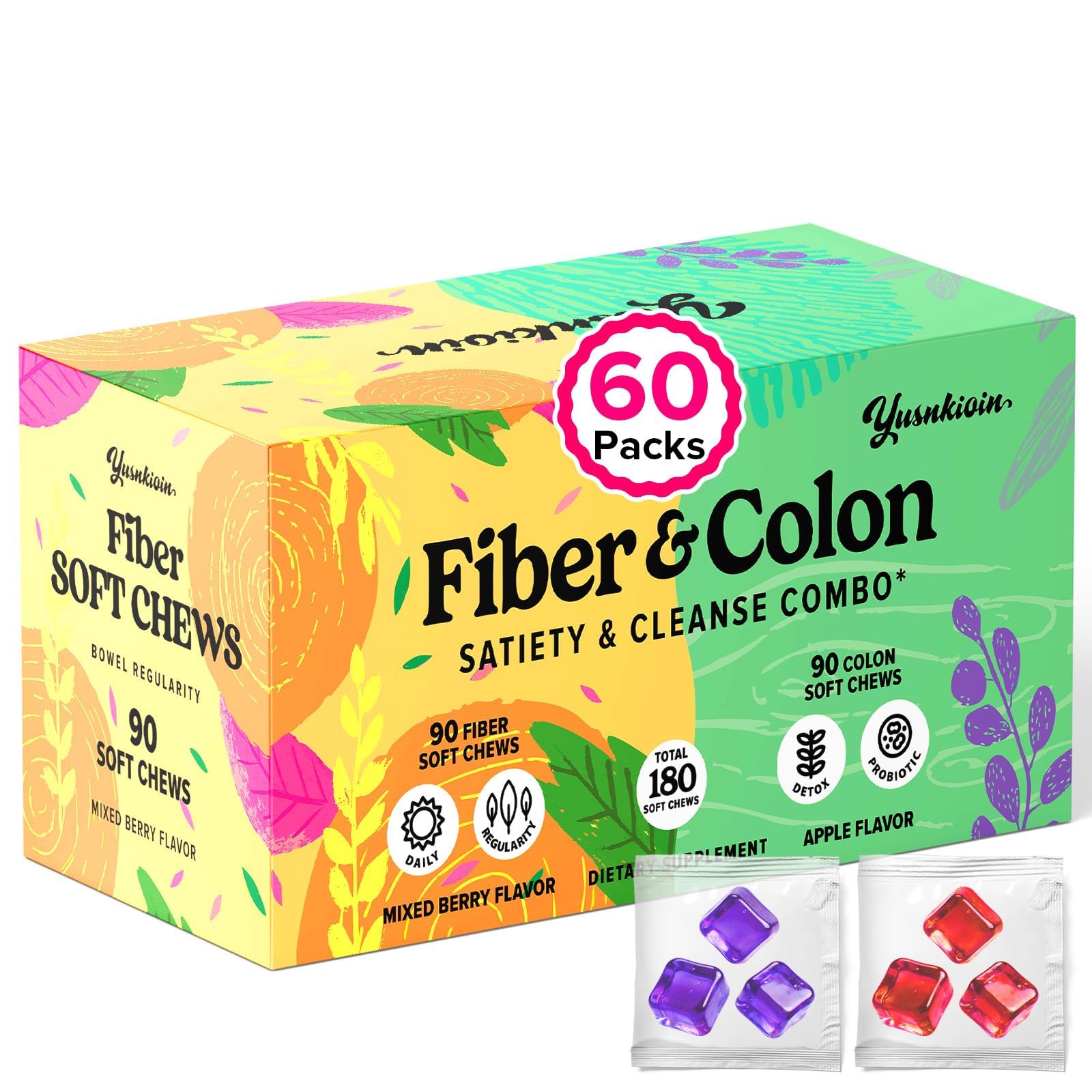 Fiber Gummies & Colon Gentle Cleanse - 180 Count, Gut Health, Regularity