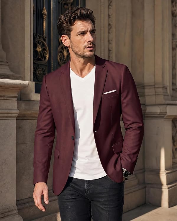 YND Men's One Button Slim Fit Blazer, Casual Lightweight Suit Daily Jacket Coat Burgundy by YND - Used condition - Image 2