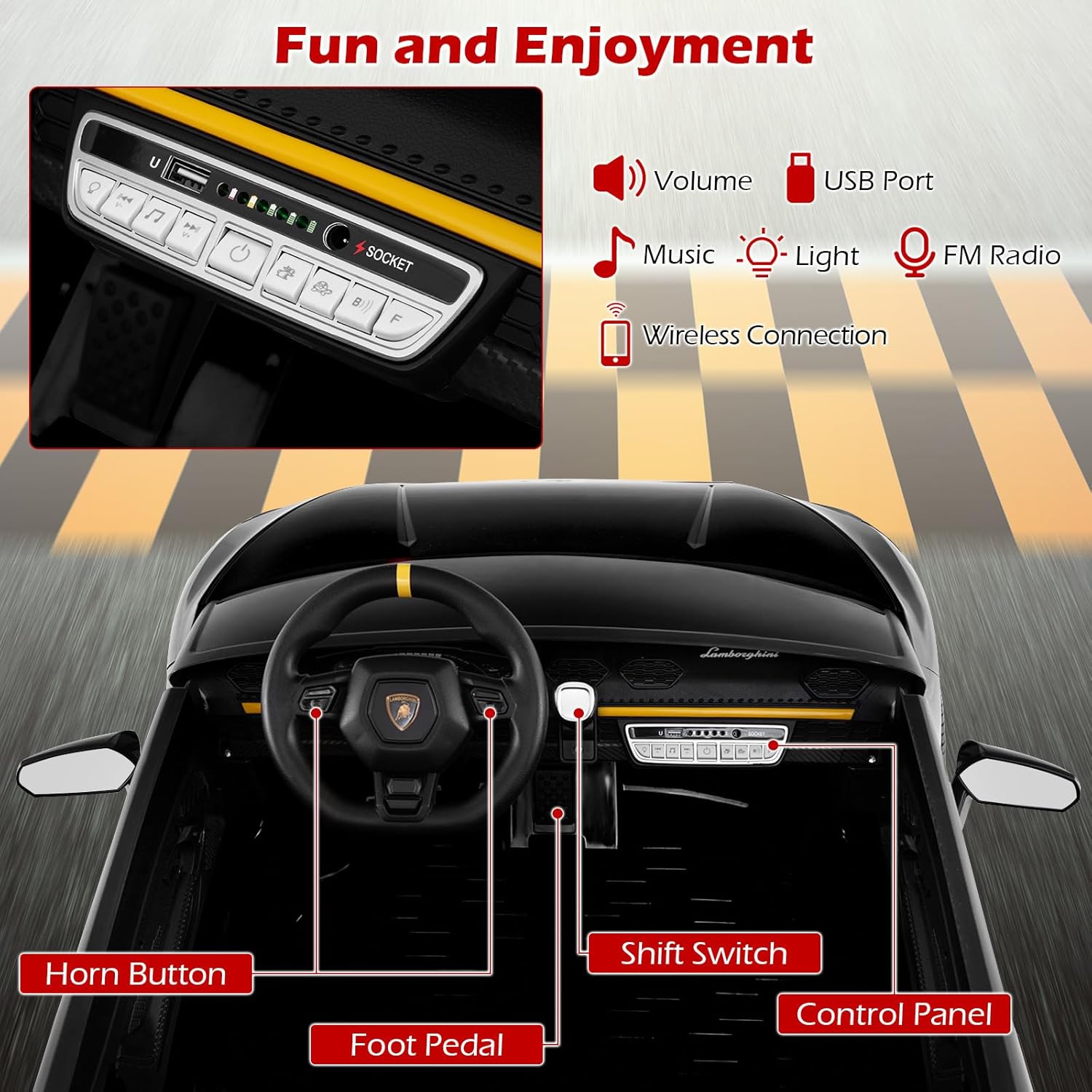 Costzon Licensed Lamborghini Ride on Car, 24V 4WD 2-Seater Battery Powered Kids’ Electric Vehicles w/Remote Control, LED Lights & Music, Kids Car Toy for Boys & Girls Aged 3-8 (Black-S311)