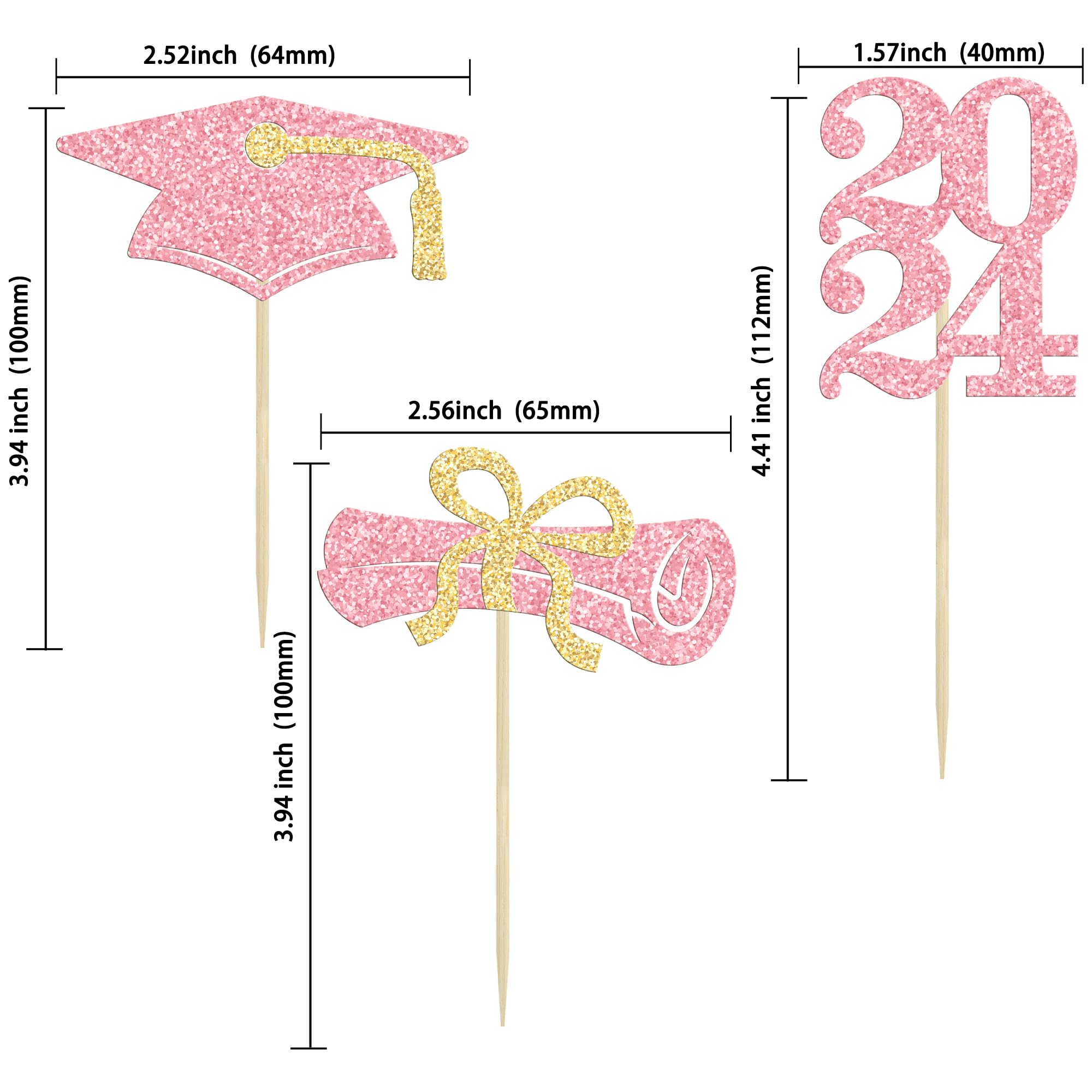 Ephlyn 24Pcs Graduation Cupcake Toppers Glitter Graduation 2026 Diploma Grad Cap Cake Topper Decorations for 2026 Theme Party Cake Decoration Supplies Pink Gold - Image 2