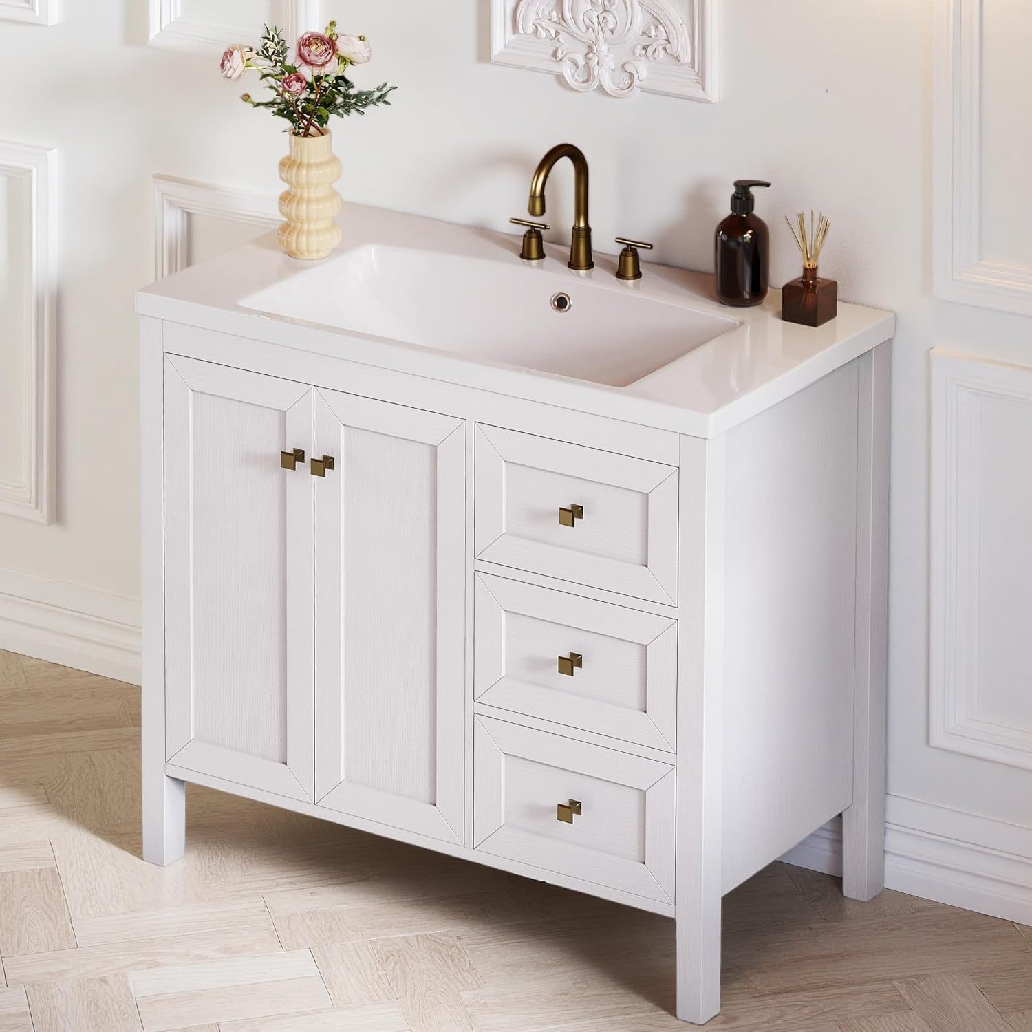 DWVO 36 Inch Bathroom Vanity with Sink, Modern Bathroom Storage Cabinet with Resin Basin, Three Holes, 2 Doors & 3 Drawers