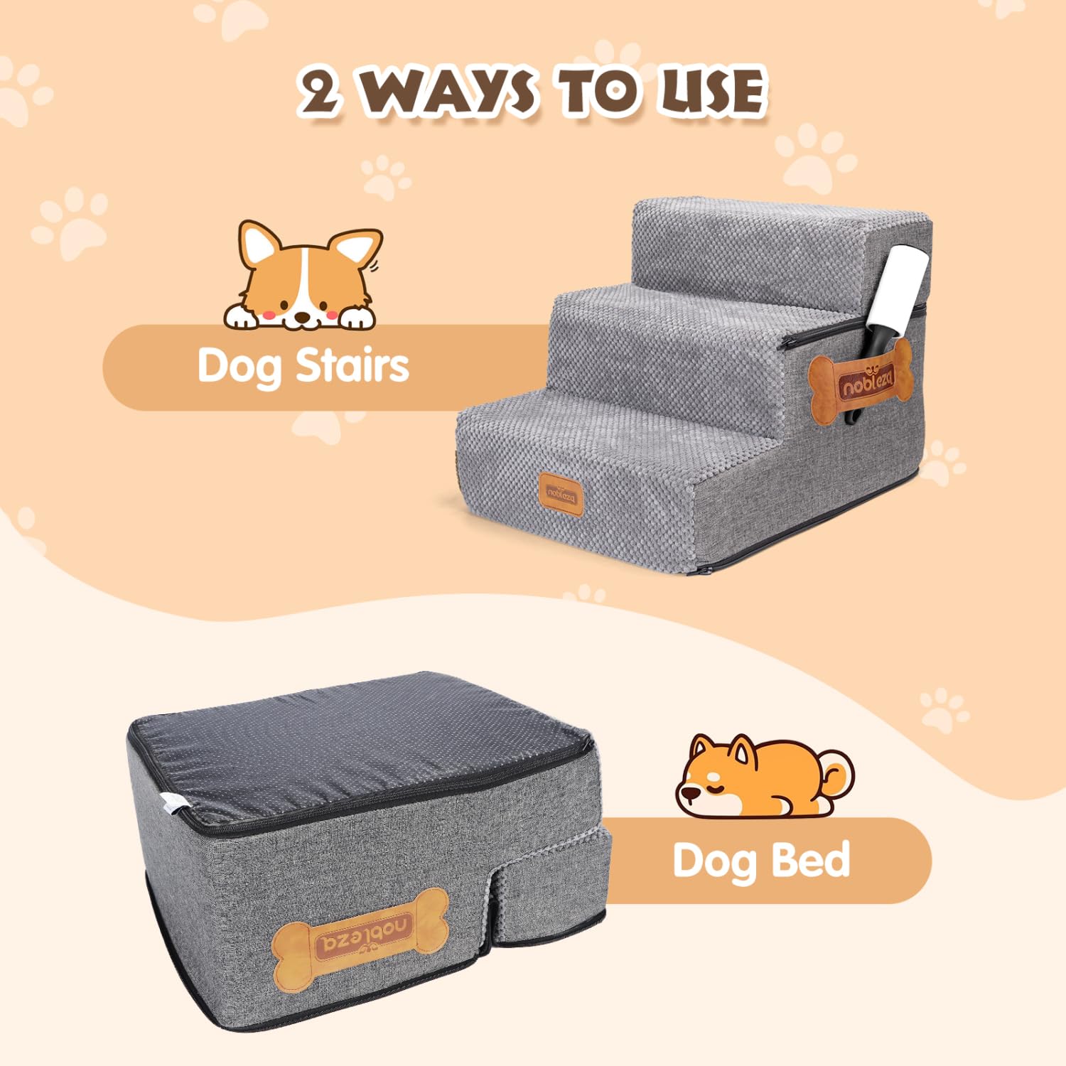 Nobleza Escalera para Perros, Rampa para Perros, Escalera para Cama de Perros Pequeños para Perros y Gatos, Escaleras para Perros Mascotas de 3 Escalones con Rodillo Quitapelusas