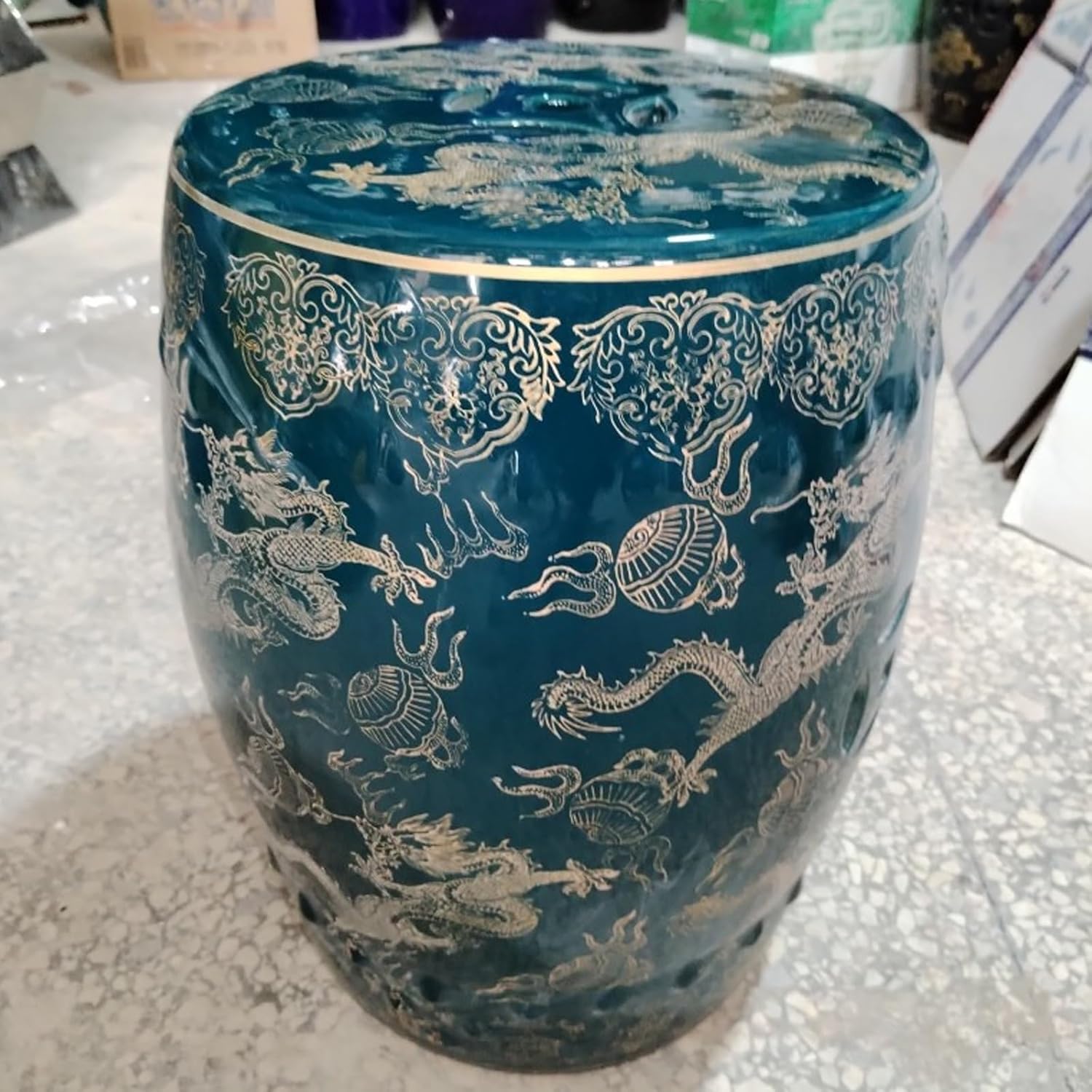 Decorative Ceramic Garden Stool - Chinese Glazed with Gold-Plated Double Dragon Ceramic Drum Stool(A)
